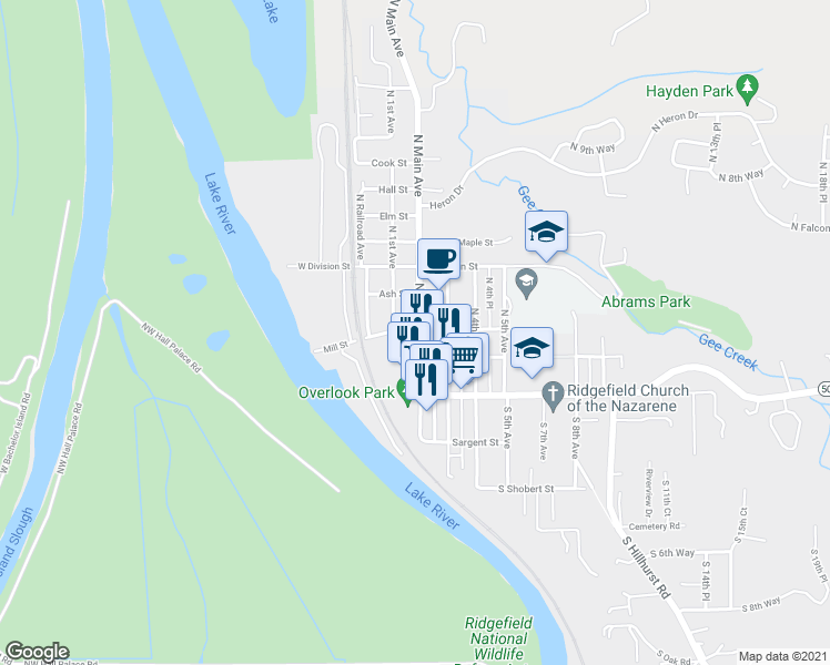 map of restaurants, bars, coffee shops, grocery stores, and more near 211 Mill Street in Ridgefield