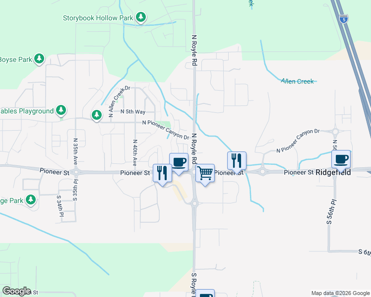 map of restaurants, bars, coffee shops, grocery stores, and more near 4425 North 2nd Way in Ridgefield