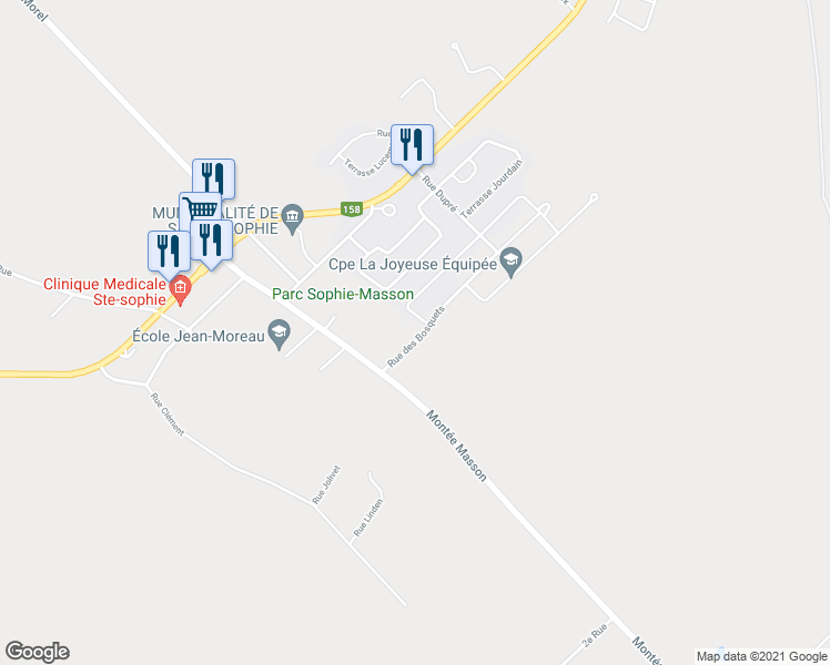 map of restaurants, bars, coffee shops, grocery stores, and more near 114 Rue des Bosquets in Sainte-Sophie