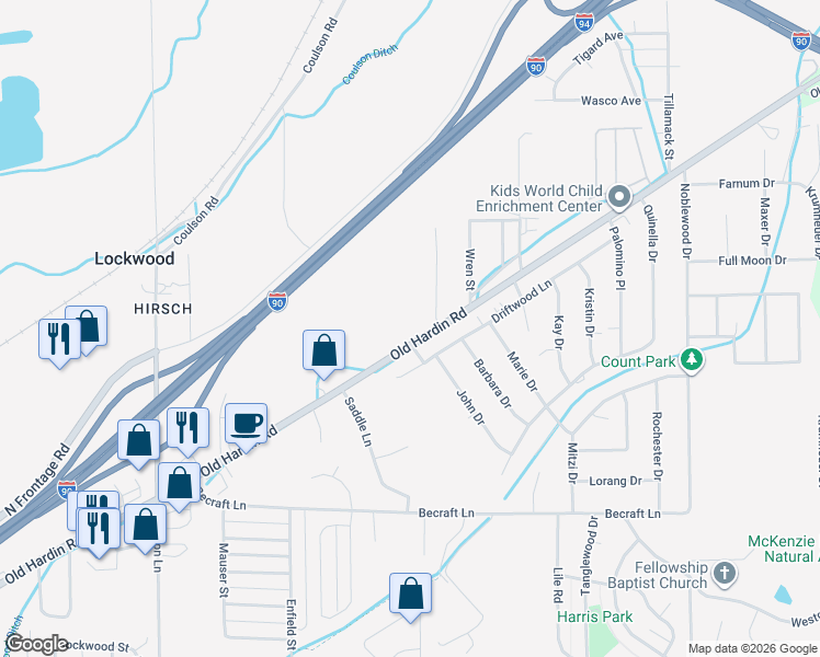 map of restaurants, bars, coffee shops, grocery stores, and more near 1036 Horn Street in Billings