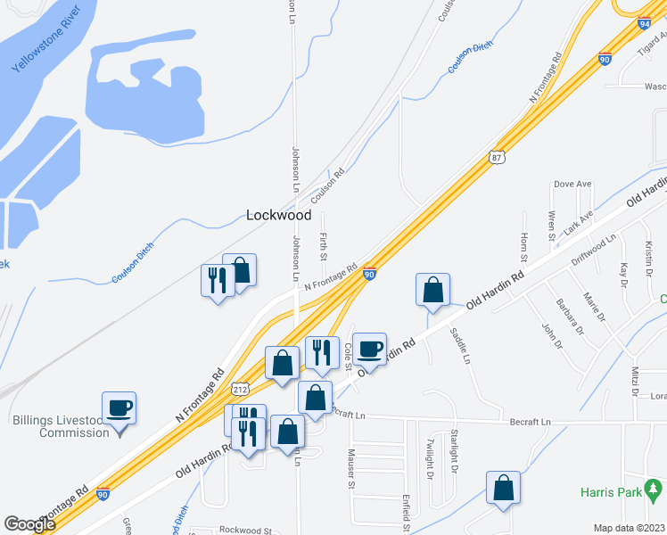 map of restaurants, bars, coffee shops, grocery stores, and more near 1045 Firth Street in Billings