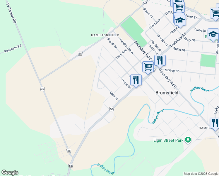 map of restaurants, bars, coffee shops, grocery stores, and more near 621 Glen Street in Pembroke