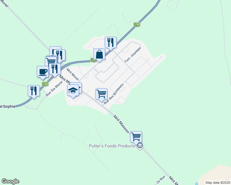 map of restaurants, bars, coffee shops, grocery stores, and more near 111 Rue des Bois in Sainte-Sophie