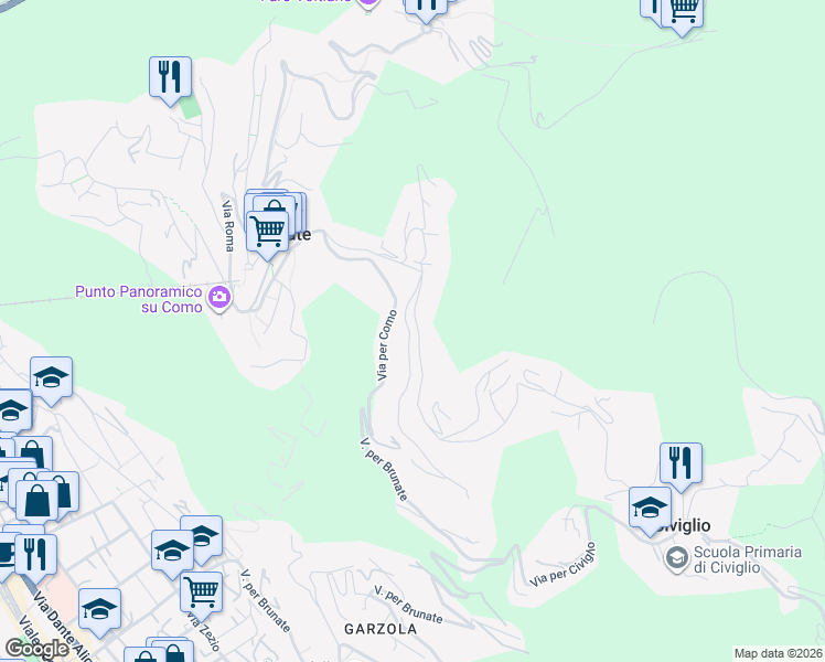 map of restaurants, bars, coffee shops, grocery stores, and more near 1C Via alle Vigne in Brunate