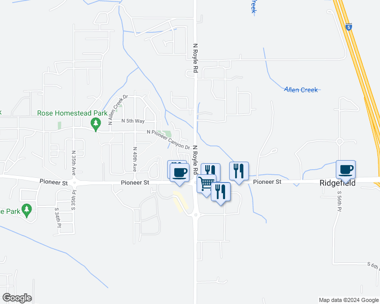 map of restaurants, bars, coffee shops, grocery stores, and more near 4413 North 2nd Way in Ridgefield