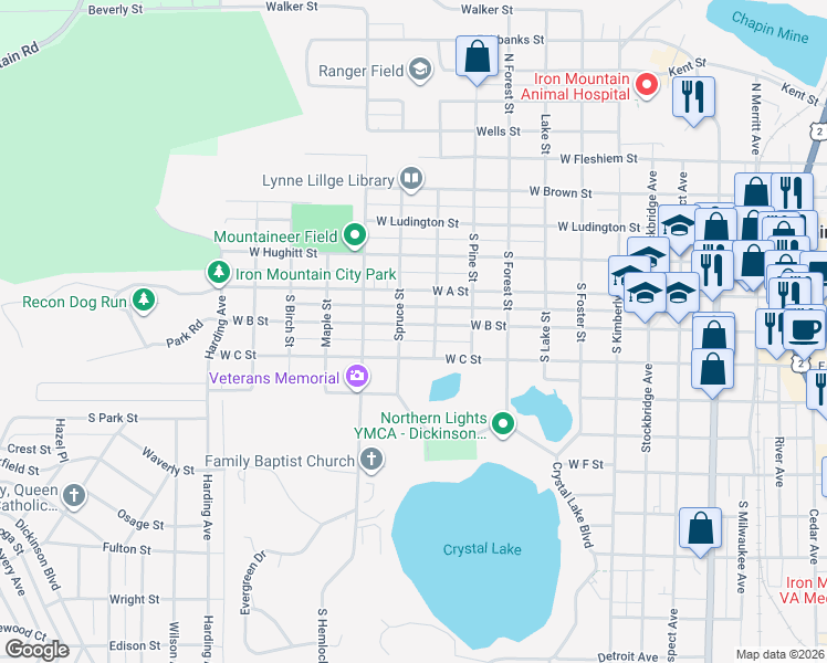 map of restaurants, bars, coffee shops, grocery stores, and more near 1001-1099 West B Street in Iron Mountain