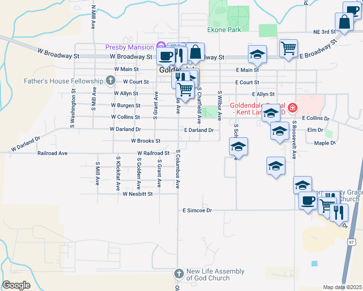 map of restaurants, bars, coffee shops, grocery stores, and more near 114 East Brooks Street in Goldendale
