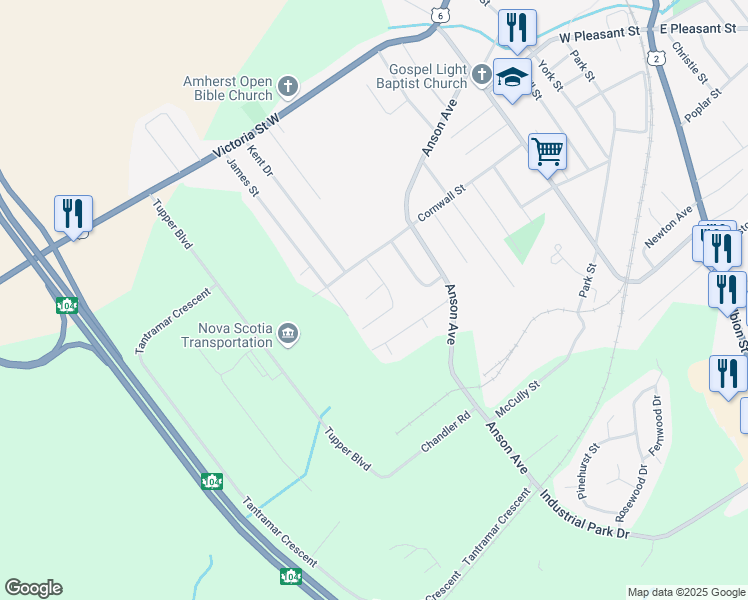 map of restaurants, bars, coffee shops, grocery stores, and more near 4 Bayview Crescent in Amherst
