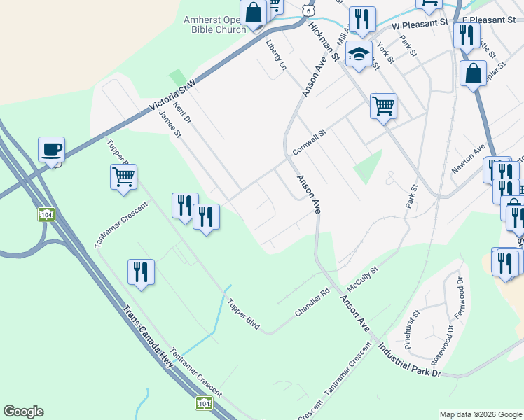 map of restaurants, bars, coffee shops, grocery stores, and more near 4 Bayview Crescent in Amherst
