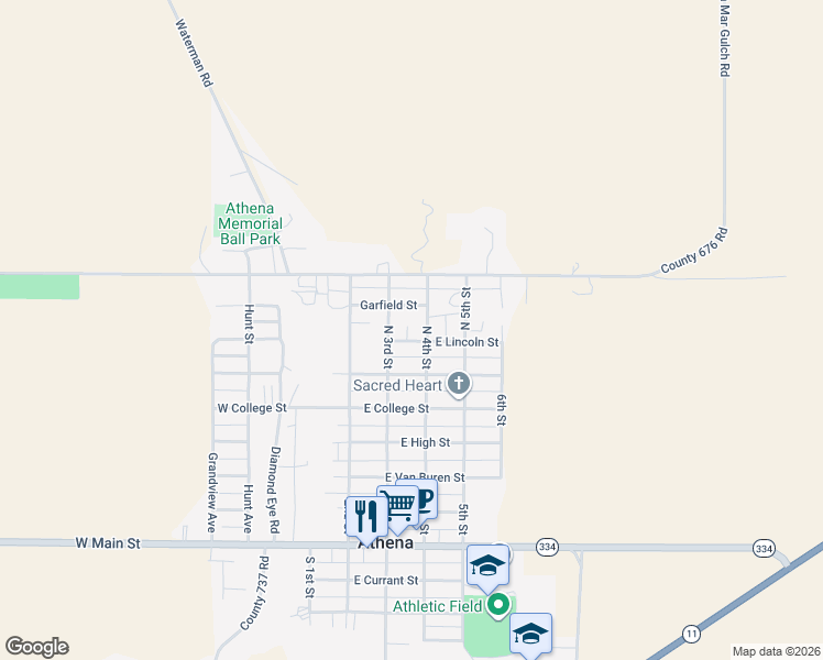 map of restaurants, bars, coffee shops, grocery stores, and more near 333 East Lincoln Street in Athena