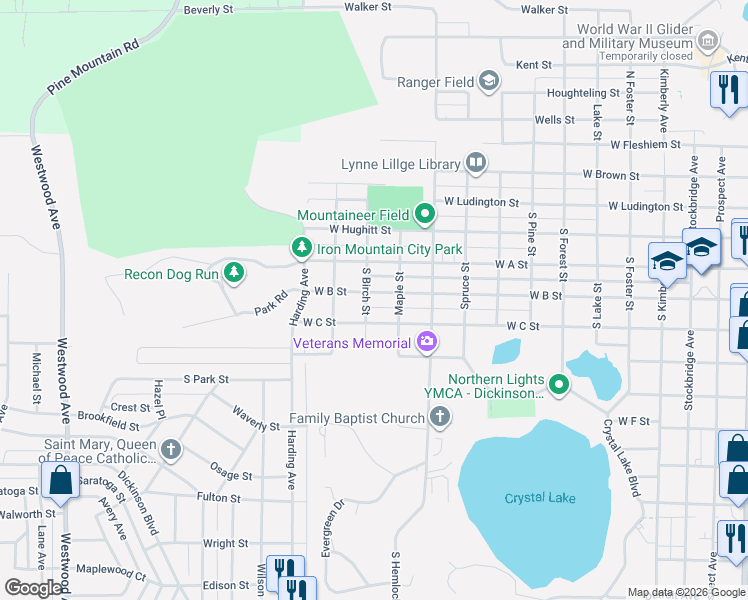 map of restaurants, bars, coffee shops, grocery stores, and more near 1311 West B Street in Iron Mountain