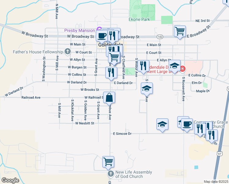 map of restaurants, bars, coffee shops, grocery stores, and more near 114 East Brooks Street in Goldendale