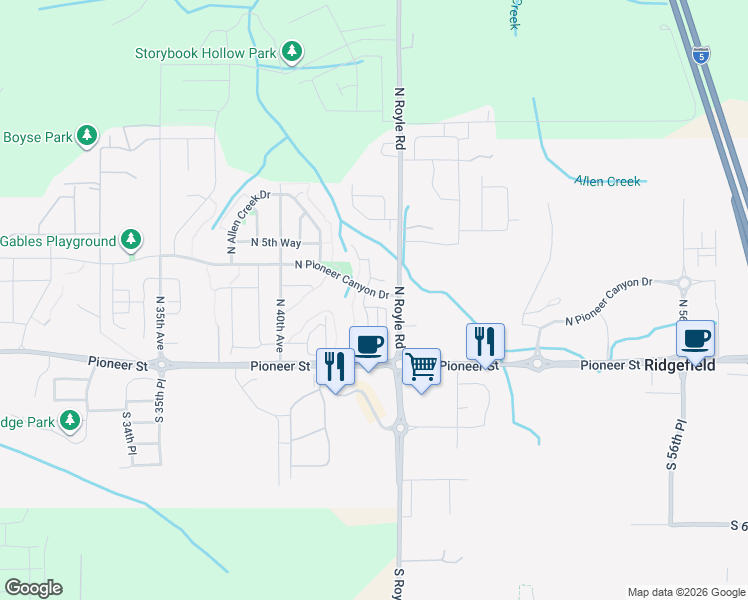 map of restaurants, bars, coffee shops, grocery stores, and more near 213 North 43rd Place in Ridgefield
