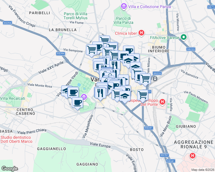 map of restaurants, bars, coffee shops, grocery stores, and more near in Varese