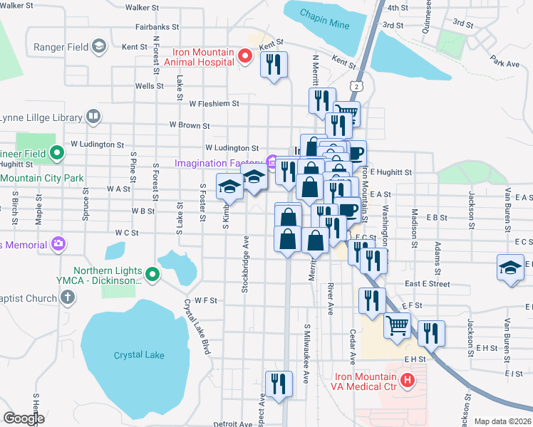 map of restaurants, bars, coffee shops, grocery stores, and more near 300 West B Street in Iron Mountain