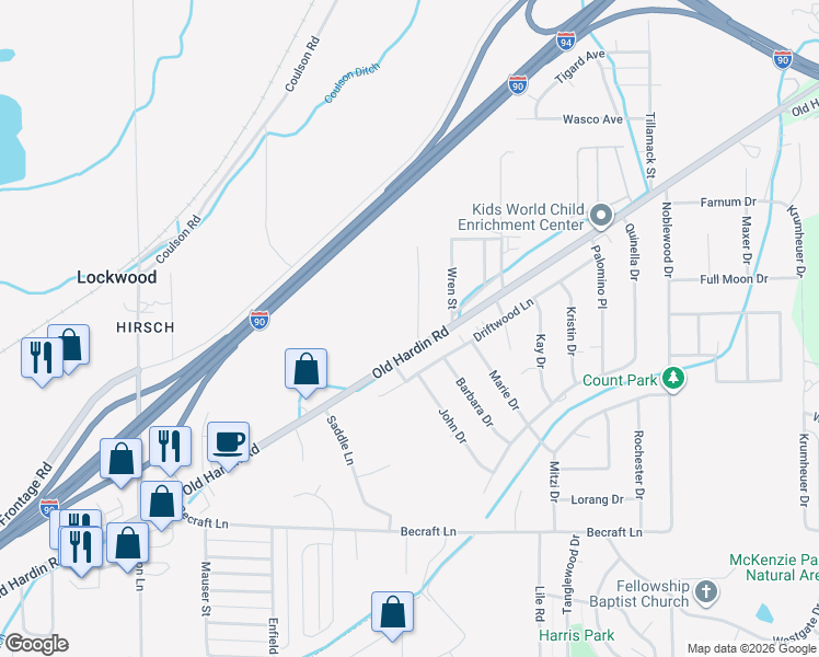 map of restaurants, bars, coffee shops, grocery stores, and more near 1036 Horn Street in Billings