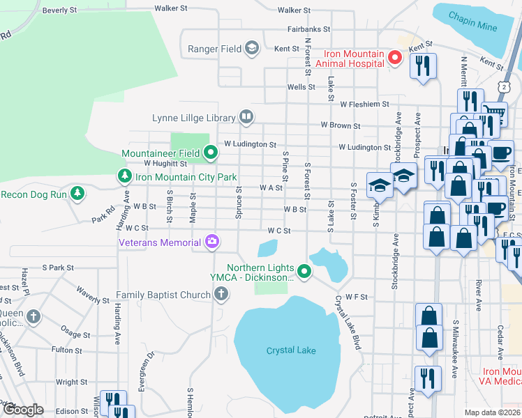 map of restaurants, bars, coffee shops, grocery stores, and more near 1001 West B Street in Iron Mountain