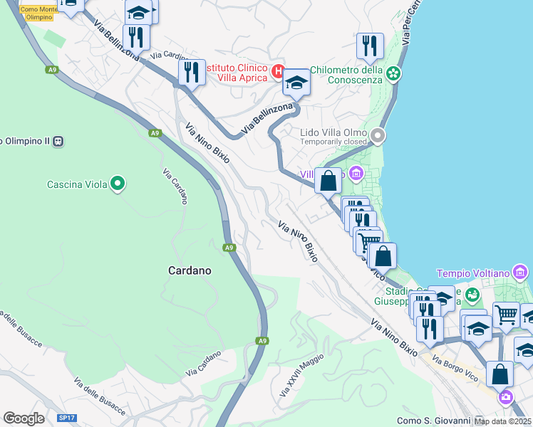 map of restaurants, bars, coffee shops, grocery stores, and more near 33 Via Nino Bixio in Como