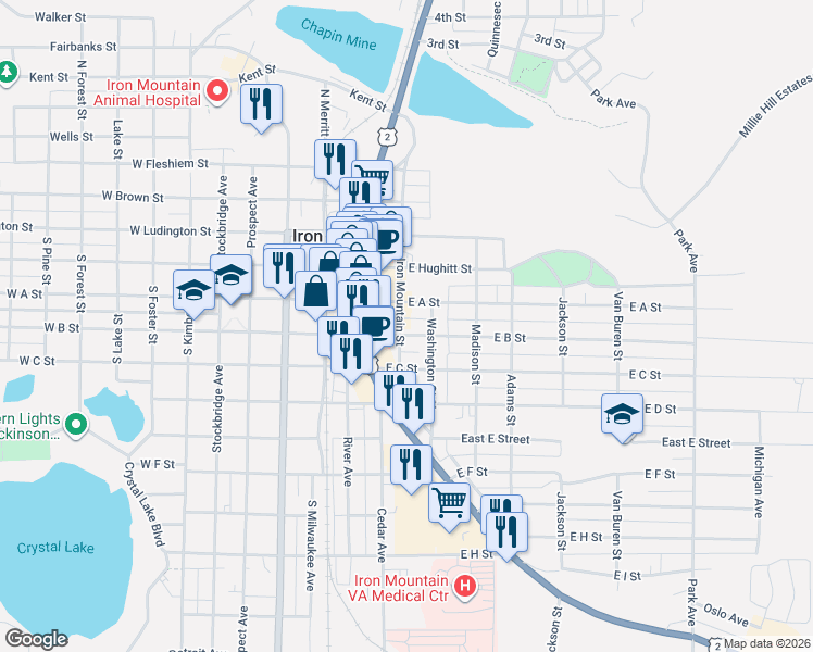 map of restaurants, bars, coffee shops, grocery stores, and more near 301-399 E B St in Iron Mountain