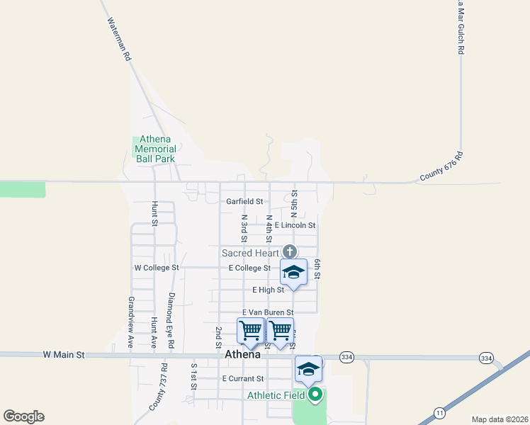 map of restaurants, bars, coffee shops, grocery stores, and more near 333 East Lincoln Street in Athena