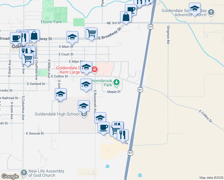 map of restaurants, bars, coffee shops, grocery stores, and more near 825 Maple Drive in Goldendale