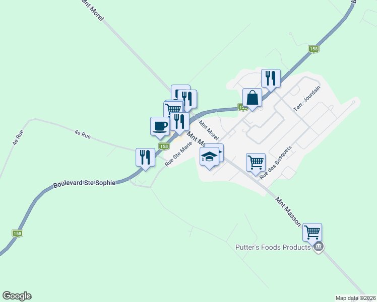 map of restaurants, bars, coffee shops, grocery stores, and more near 2329 Rue Sainte Marie in Sainte-Sophie