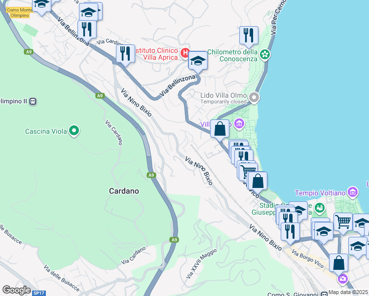 map of restaurants, bars, coffee shops, grocery stores, and more near 33 Via Nino Bixio in Como