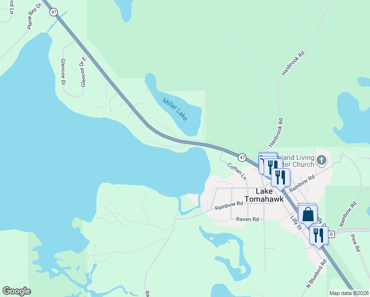 map of restaurants, bars, coffee shops, grocery stores, and more near 7299 Wisconsin 47 in Lake Tomahawk