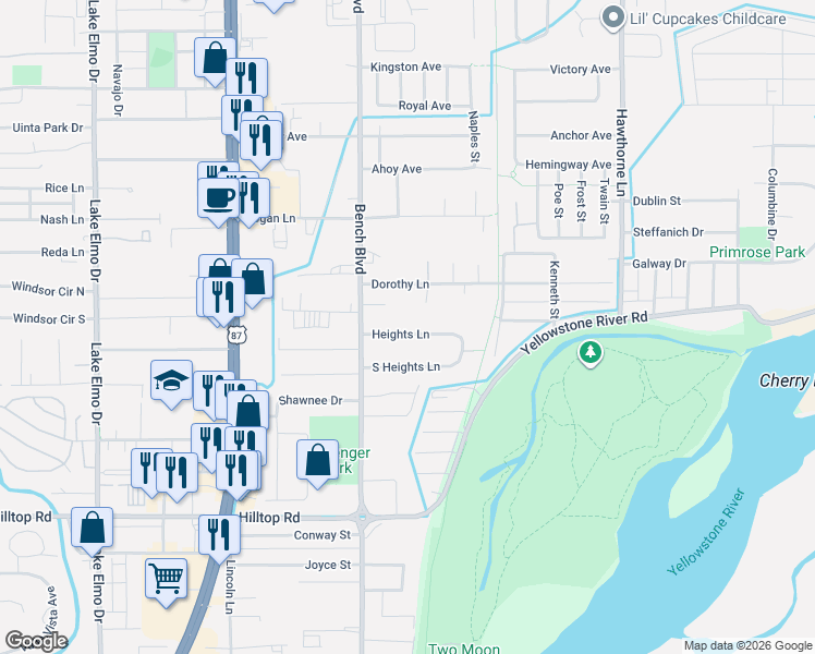 map of restaurants, bars, coffee shops, grocery stores, and more near 901 South Heights Lane in Billings