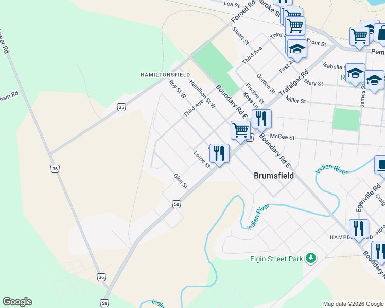 map of restaurants, bars, coffee shops, grocery stores, and more near 616 Lorne Street in Pembroke