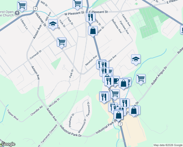 map of restaurants, bars, coffee shops, grocery stores, and more near 17 Clinton Street in Amherst