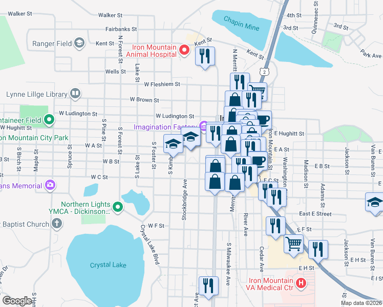 map of restaurants, bars, coffee shops, grocery stores, and more near 300 West B Street in Iron Mountain
