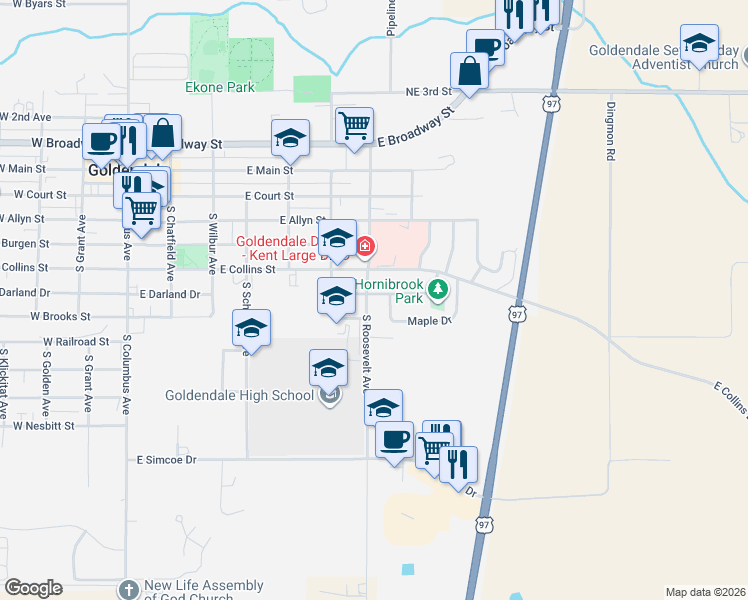 map of restaurants, bars, coffee shops, grocery stores, and more near 702 Elm Drive in Goldendale