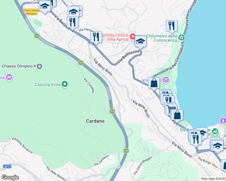 map of restaurants, bars, coffee shops, grocery stores, and more near 39 Via Nino Bixio in Como