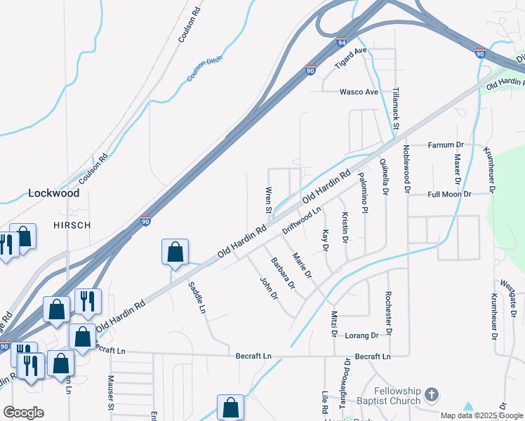 map of restaurants, bars, coffee shops, grocery stores, and more near 3237 Old Hardin Road in Billings