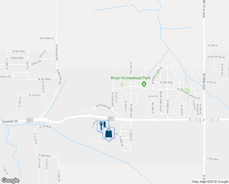 map of restaurants, bars, coffee shops, grocery stores, and more near 326 North 33rd Court in Ridgefield