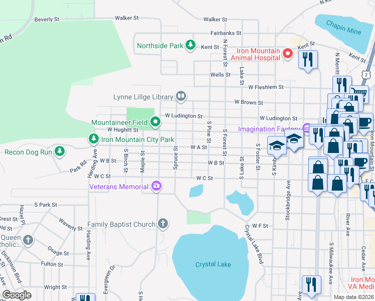 map of restaurants, bars, coffee shops, grocery stores, and more near 1100 West A Street in Iron Mountain