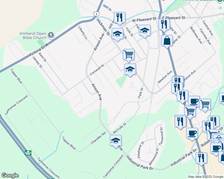 map of restaurants, bars, coffee shops, grocery stores, and more near 141 Cordova Street in Amherst
