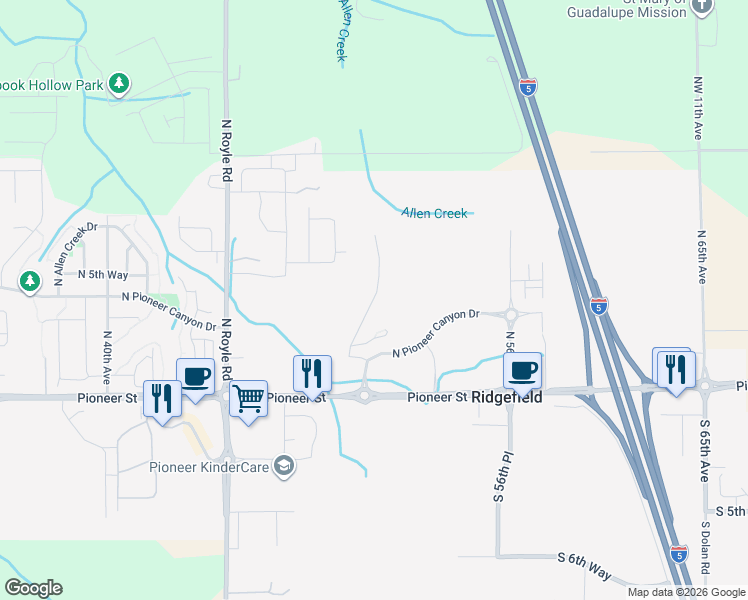 map of restaurants, bars, coffee shops, grocery stores, and more near Northwest 26th Avenue in Ridgefield