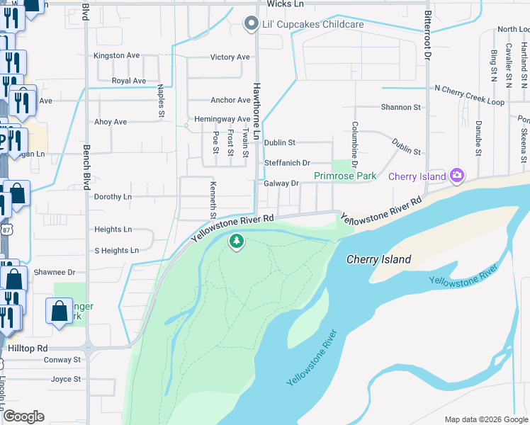 map of restaurants, bars, coffee shops, grocery stores, and more near 1114 Linden Drive in Billings