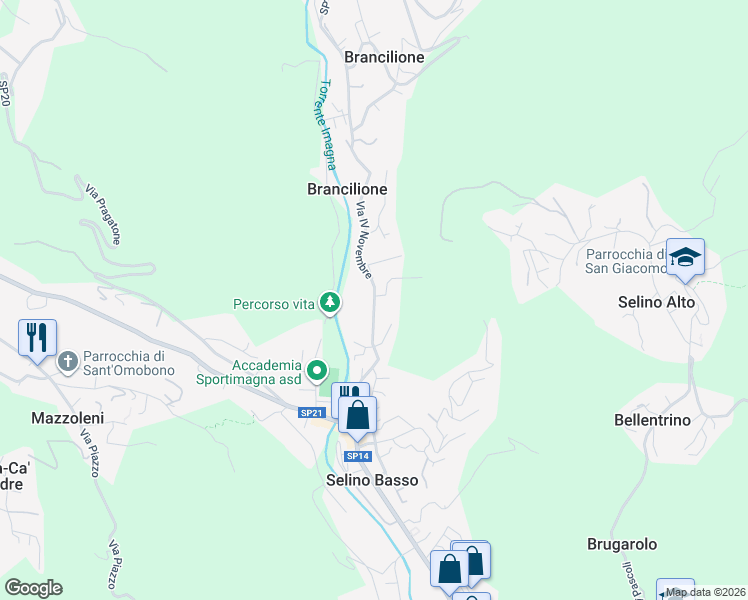 map of restaurants, bars, coffee shops, grocery stores, and more near 30 Via IV Novembre in Selino Basso