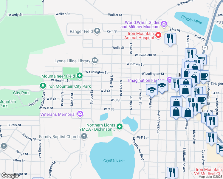 map of restaurants, bars, coffee shops, grocery stores, and more near 910 West A Street in Iron Mountain