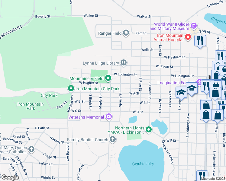 map of restaurants, bars, coffee shops, grocery stores, and more near 1200 West A Street in Iron Mountain