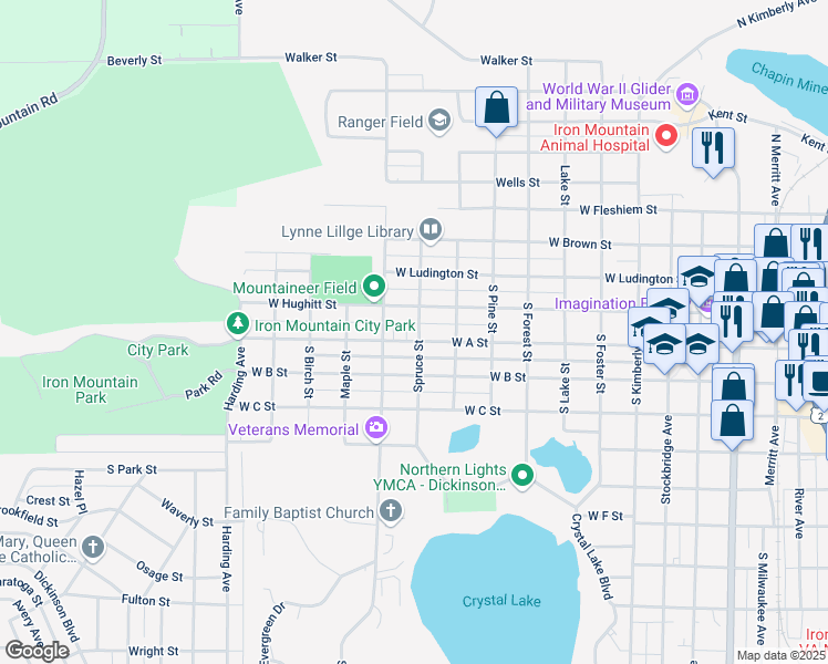 map of restaurants, bars, coffee shops, grocery stores, and more near 1100 West A Street in Iron Mountain