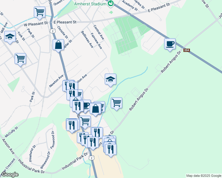 map of restaurants, bars, coffee shops, grocery stores, and more near 45 Lorne Crescent in Amherst