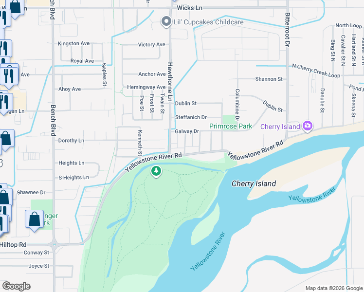 map of restaurants, bars, coffee shops, grocery stores, and more near 1114 Linden Drive in Billings