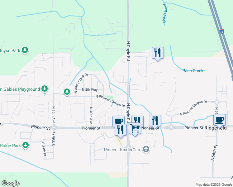 map of restaurants, bars, coffee shops, grocery stores, and more near 421 North 43rd Court in Ridgefield