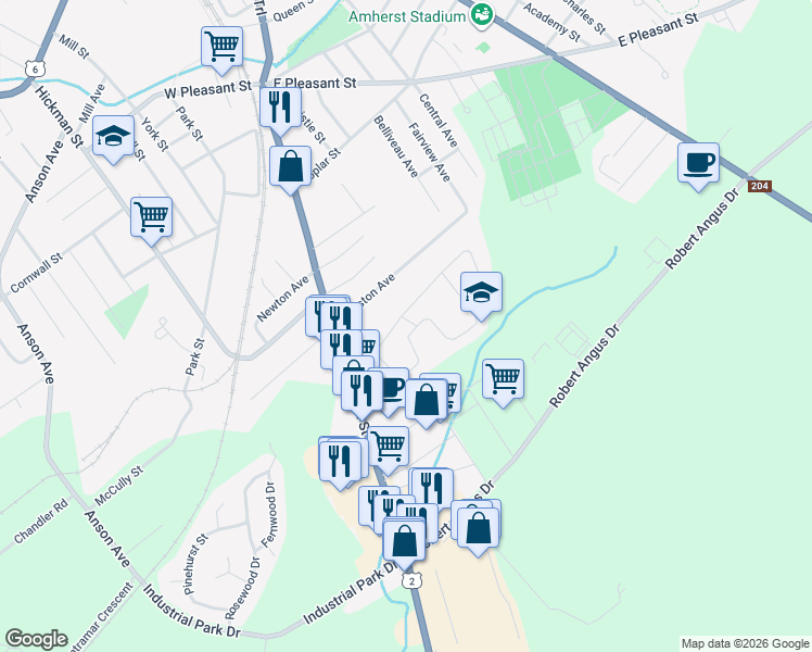 map of restaurants, bars, coffee shops, grocery stores, and more near 9 Lorne Crescent in Amherst