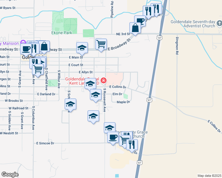 map of restaurants, bars, coffee shops, grocery stores, and more near 714 East Collins Street in Goldendale