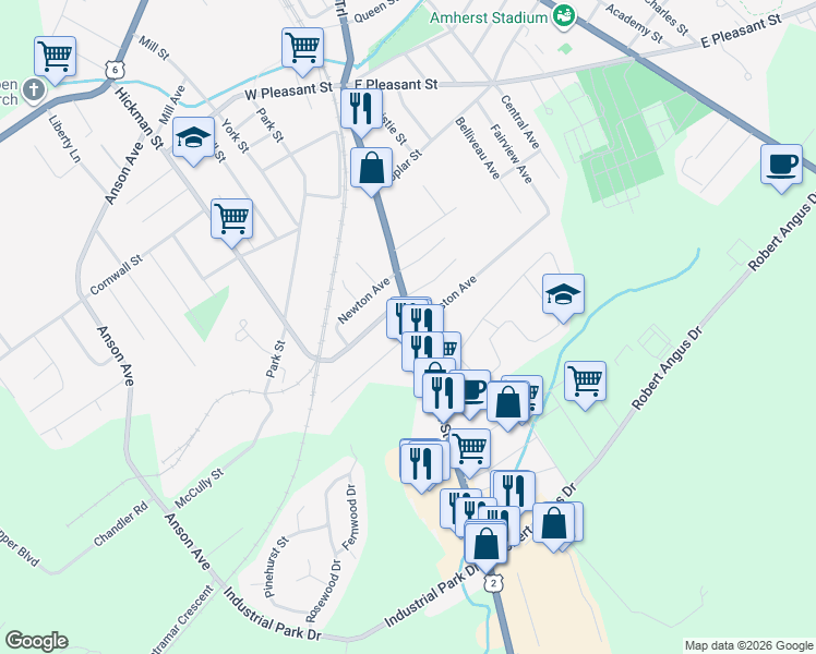 map of restaurants, bars, coffee shops, grocery stores, and more near 95 South Albion Street in Amherst